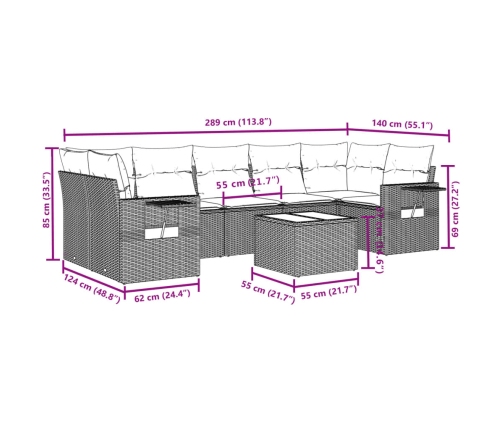 Set de sofás de jardín 8 pzas y cojines ratán sintético gris