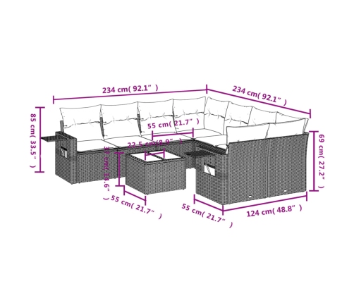 Set de muebles de jardín 9 pzas y cojines ratán sintético gris