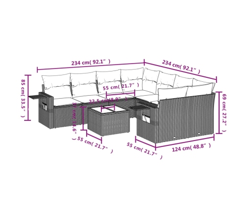 Set muebles jardín 9 pzas y cojines ratán sintético gris claro