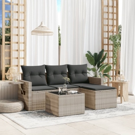 Set de sofás de jardín 4 pzas y cojines ratán sintético gris