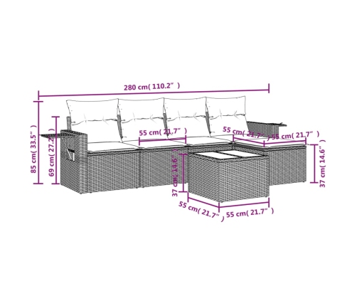 Set de sofás de jardín 6 pzas y cojines ratán sintético gris