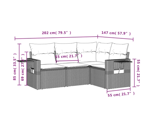 Set de sofás de jardín 4 pzas y cojines ratán sintético gris