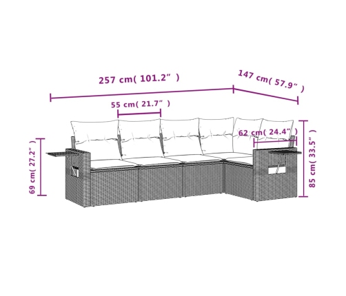 Set de muebles de jardín 5 pzas y cojines ratán sintético negro