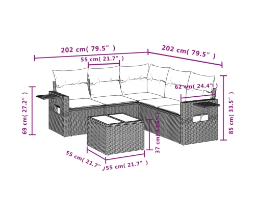 Set de muebles de jardín 6 pzas y cojines ratán sintético gris