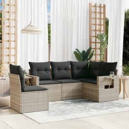 Set de sofás jardín y cojines 5 pzas ratán sintético gris claro