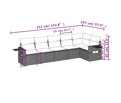 Set de muebles de jardín 6 pzas y cojines ratán sintético gris