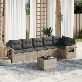 Set de sofás de jardín 7 pzas con cojines ratán PE gris claro