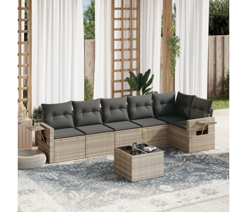 Set de sofás de jardín 7 pzas con cojines ratán PE gris claro