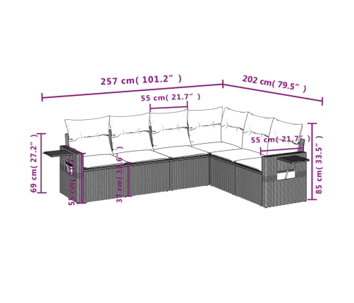 Set sofás de jardín 6 piezas y cojines ratán sintético marrón