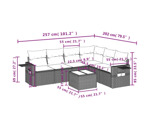 Set de comedor de jardín 7 pzas y cojines ratán sintético negro