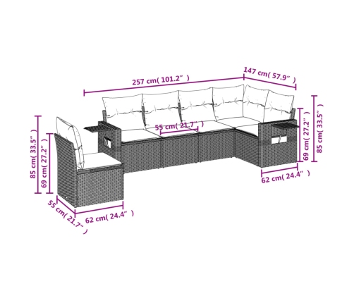 Set de muebles de jardín 6 pzas y cojines ratán sintético gris
