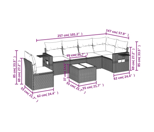 Set de comedor de jardín 7 pzas y cojines ratán sintético negro