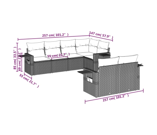 Set de sofás de jardín 7 piezas con cojines ratán PE gris