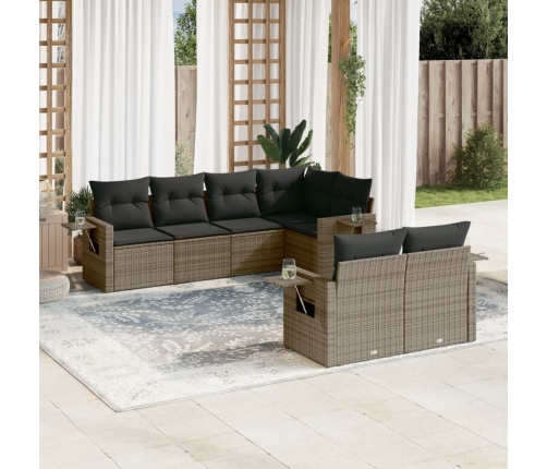 Set de sofás de jardín 7 piezas con cojines ratán PE gris