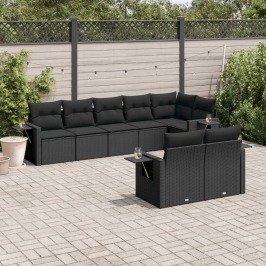 Set de sofás de jardín 8 piezas y cojines ratán sintético negro
