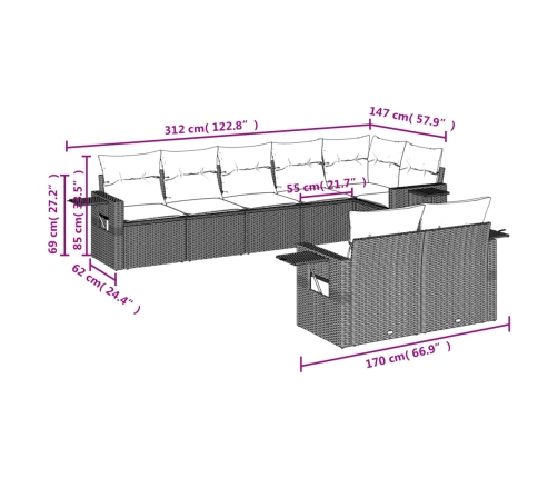 Set de sofás de jardín 8 pzas y cojines ratán sintético gris