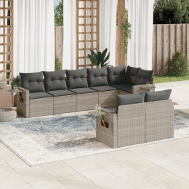 Set de sofás de jardín 8 pzas y cojines ratán sintético gris