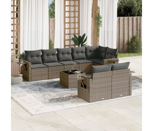 Set de muebles de jardín 9 pzas y cojines ratán sintético gris