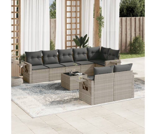 Set muebles jardín 9 pzas y cojines ratán sintético gris claro