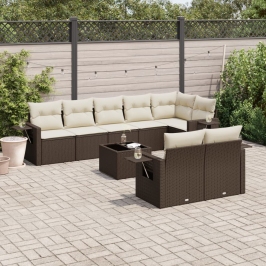 Set de sofás de jardín 9 pzas y cojines ratán sintético marrón