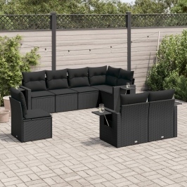Set de sofás de jardín 8 piezas y cojines ratán sintético negro