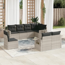 Set de sofás de jardín 8 pzas y cojines ratán sintético gris