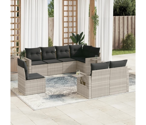 Set de sofás de jardín 8 pzas y cojines ratán sintético gris