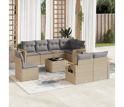 Set de sofás de jardín 9 pzas con cojines ratán sintético beige