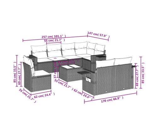 Set de muebles de jardín 9 pzas y cojines ratán sintético gris