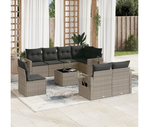 Set de muebles de jardín 9 pzas y cojines ratán sintético gris