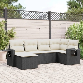 Set de sofás de jardín 6 piezas y cojines ratán sintético negro