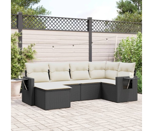 Set de sofás de jardín 6 piezas y cojines ratán sintético negro