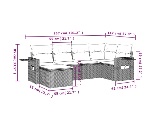 Set de sofás de jardín 6 pzas y cojines ratán sintético gris