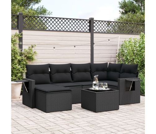 Set de comedor de jardín 7 pzas y cojines ratán sintético negro