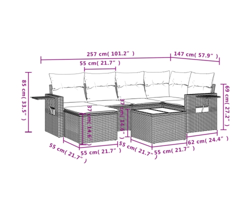 Set de comedor de jardín 7 pzas y cojines ratán sintético negro