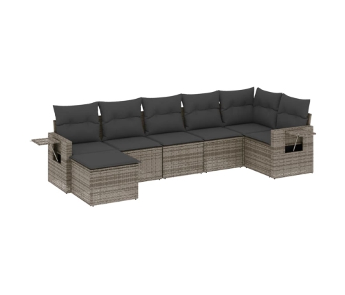Set de sofás de jardín 7 piezas con cojines ratán PE gris
