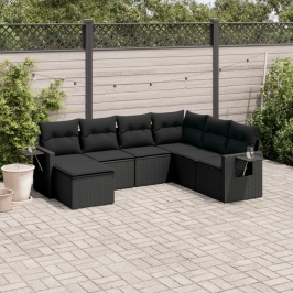 Set de comedor de jardín 7 pzas y cojines ratán sintético negro