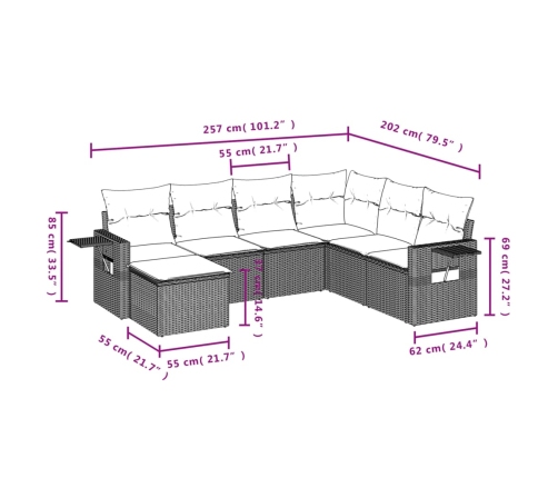 Set de sofás de jardín 7 piezas con cojines ratán PE gris