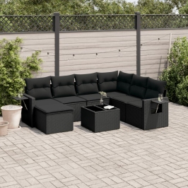 Set de sofás de jardín 8 piezas y cojines ratán sintético negro