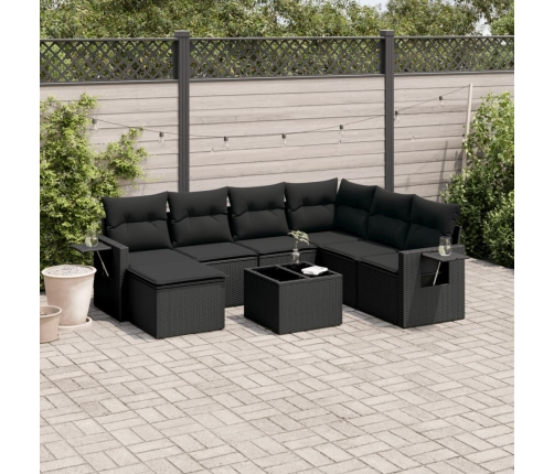 Set de sofás de jardín 8 piezas y cojines ratán sintético negro