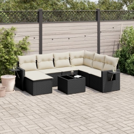 Set de sofás de jardín 8 piezas y cojines ratán sintético negro