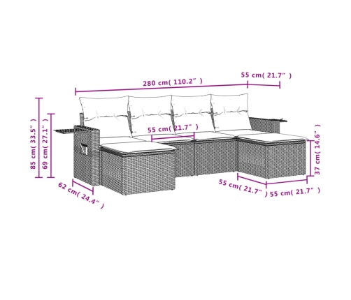 Set de muebles de jardín 6 pzas y cojines ratán sintético gris