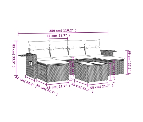 Set de comedor de jardín 7 pzas y cojines ratán sintético negro