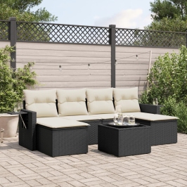 Set de comedor de jardín 7 pzas y cojines ratán sintético negro