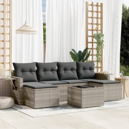 Set de sofás de jardín 7 pzas con cojines ratán PE gris claro