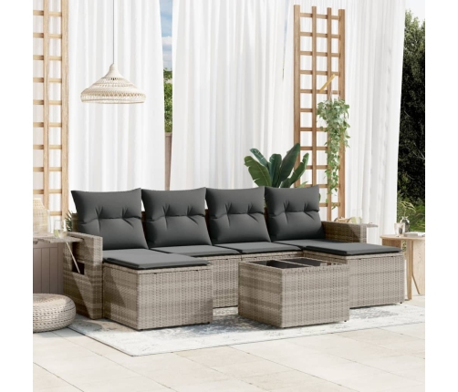 Set de sofás de jardín 7 pzas con cojines ratán PE gris claro