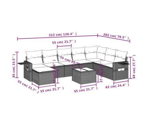 Set de sofás de jardín 9 pzas con cojines ratán sintético beige