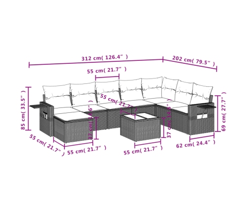 Set de muebles de jardín 9 pzas y cojines ratán sintético gris