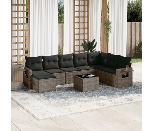 Set de muebles de jardín 9 pzas y cojines ratán sintético gris