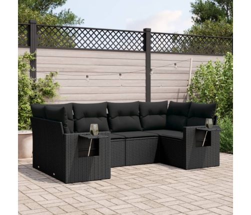 Set de sofás de jardín 6 piezas y cojines ratán sintético negro
